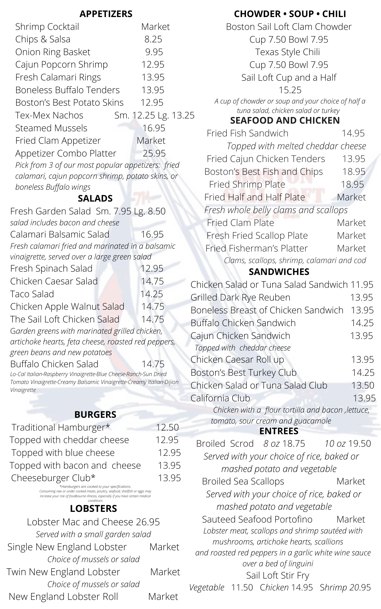 Menus The Boston Sail Loft Shipping our Famous Clam Chowder